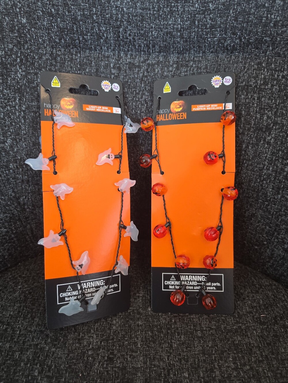 NEW Lot 2 Happy Halloween Light-Up Necklaces Ghost & Pumpkins Jack O' Lanterns